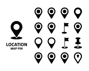 Black Location Pin and Map Icon Design Set