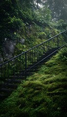 Obraz premium Moss-covered stone staircase leading to a verdant slope