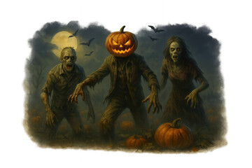 Pumpkin Head Zombies in Spooky Halloween Scene