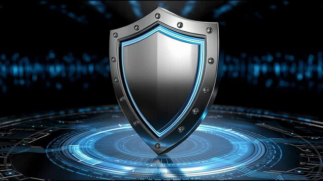 Futuristic metallic shield with glowing blue digital interface representing advanced cybersecurity protection and data security in cutting edge technology environment