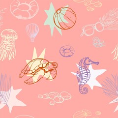 La Dolce Vita, Summer vibe. Seamless pattern in flat cartoon style for branding, advertising, printing. Vacation by the sea, rest by the ocean in bright sunny colors.