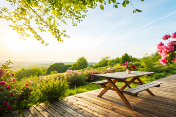 Wooden Garden Furniture in Blooming Backyard Overlook