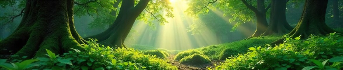 Sunlight Dapples Ancient Forest Peaceful Serenity in Lush Green Undergrowth