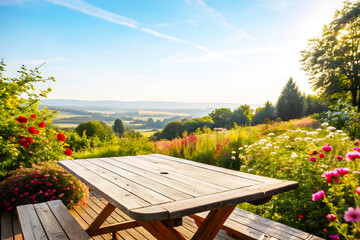 Rustic Wooden Table with Blooming Garden and Scenic Countryside View