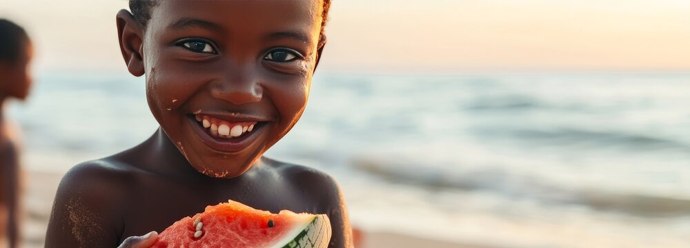 smiling boy eating watermelon in summer on the beach - Powered by Adobe