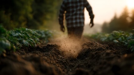 Farmer manually spreading organic fertilizer in eco friendly field