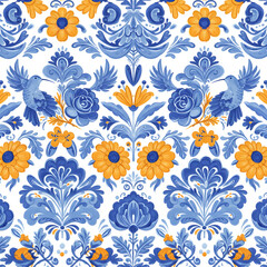 Delft Inspired Floral Pattern with Hummingbirds, Decorative Blue and Yellow Floral Tile Ornament