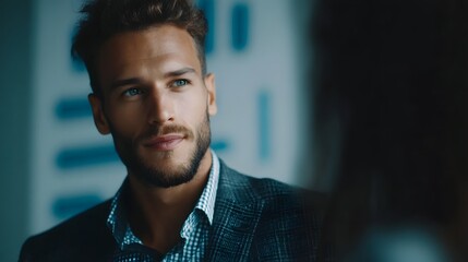 Businessman analyzing financial data on a tablet in a modern office setting