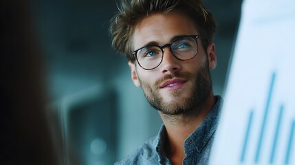 Young businessman analyzing bar charts in a modern office setting