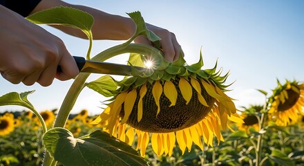Harvesting Sunflowers A Close-Up View of Cutting Sunflowers in a Vibrant Field at Sunset