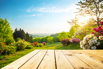 Wooden Surface for Product Display with Floral Field and Scenic Nature Background