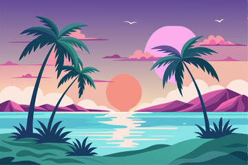 Tropical Beach Sunset with Palm Trees and Ocean Waves – Vibrant Vector Illustration