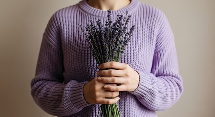 Soothing Lavender Bouquet A Symbol of Serenity and Calm, Held Gently in Lavender Sweater