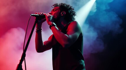 Energetic male singer performing on stage amidst colorful lights and smoke during a live concert, Male singer performing energetically on stage with microphone, colorful lighting, and smoke - Powered by Adobe