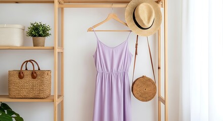 Lavender Summer Dress, Straw Hat & Accessories Effortless Style for Warm Weather
