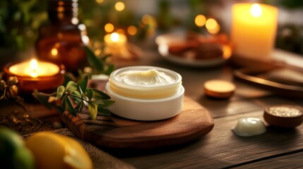 evening skincare ritual with creams and oils, warm cozy tones