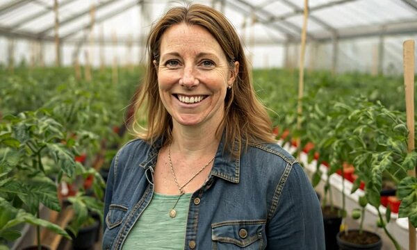 Woman in denim shirt standing in greenhouse with rows of tomato plants and metal support structure