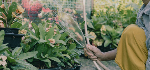 Watering Flowers in a Vibrant Garden