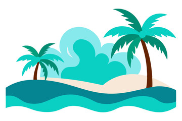 Tropical Beach Sunset with Palm Trees and Ocean Waves – Vibrant Vector Illustration