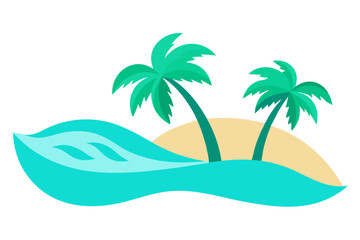 Tropical Beach Sunset with Palm Trees and Ocean Waves – Vibrant Vector Illustration