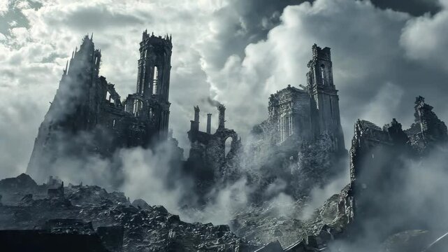 Ruined city in the clouds with towering structures and mystical atmosphere, Ruined City In The Clouds video background Seamless ing time lapse quality