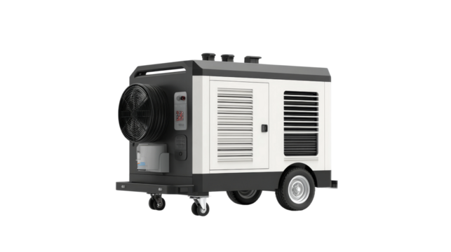 Mobile power generator isolated on transparent background for industrial applications.