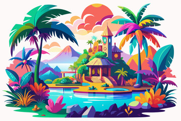 Tropical Beach Sunset with Palm Trees and Ocean Waves – Vibrant Vector Illustration