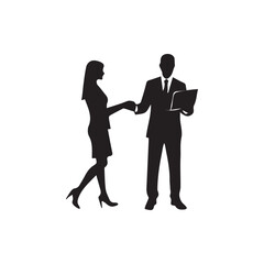 Businessman and Businesswoman Handshake Silhouette Vector | Corporate Collaboration Illustration with Laptop in Hand for Professional Business Meetings & Presentations.