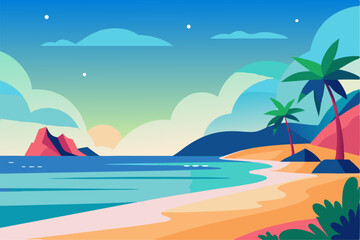 Tropical Beach Sunset with Palm Trees and Ocean Waves – Vibrant Vector Illustration