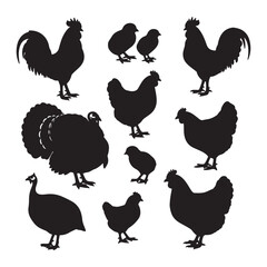 Black Silhouettes of Chickens Roosters Hens Turkeys Guineafowl Farm Animals Poultry Birds Collection Graphic Design Elements