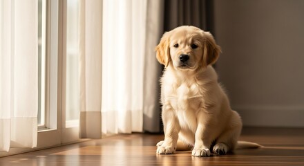Adorable Golden Retriever Puppy Posing by Window Sunlight, Innocence, and Canine Charm