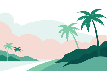 Tropical Beach Sunset with Palm Trees and Ocean Waves – Vibrant Vector Illustration