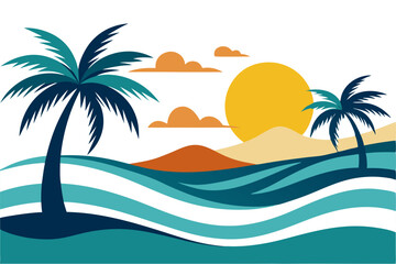 Tropical Beach Sunset with Palm Trees and Ocean Waves – Vibrant Vector Illustration