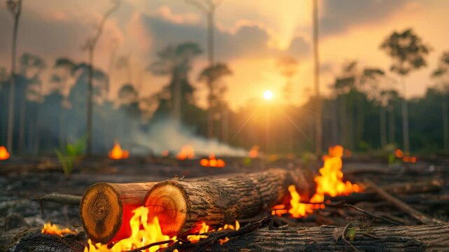 Freshly cut logs burn fiercely on deforested land with distant trees and a hazy sunset, powerfully illustrating the devastating impact of forest fires and deforestation.