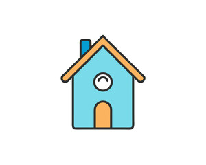 Cute cartoon blue house with orange roof and door isolated on white background