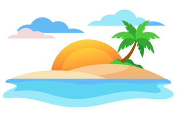 Tropical Beach Sunset with Palm Trees and Ocean Waves – Vibrant Vector Illustration