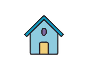 Simple blue cartoon house with yellow door and purple window isolated on white background