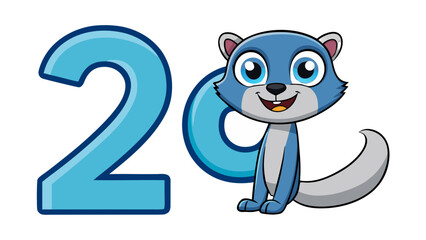 Cute cartoon blue otter character with number twenty isolated on white background