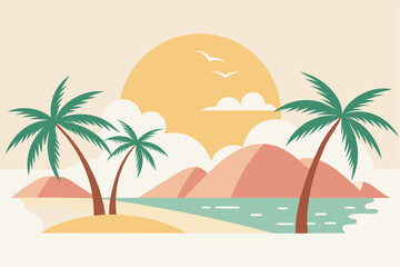 Tropical Beach Sunset with Palm Trees and Ocean Waves – Vibrant Vector Illustration