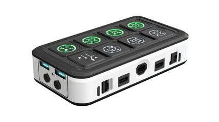 Control device with labeled illuminated buttons and multiple ports isolated on transparent background.