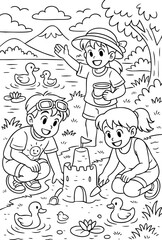 Coloring page of kids building a sandcastle by the lake, surrounded by ducks, mountains and trees. Happy outdoor scene perfect for sparking children’s creativity and summer joy.
