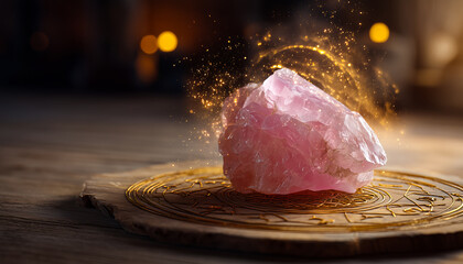 A glowing rose quartz crystal radiates gentle golden and rose energy, surrounded by soft sparkles in a peaceful setting.