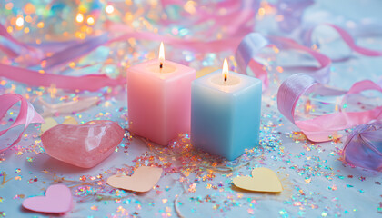 A playful pastel ritual scene glows with pink crystals, paper hearts, and tiny sparkles in a joyful, dreamy light.