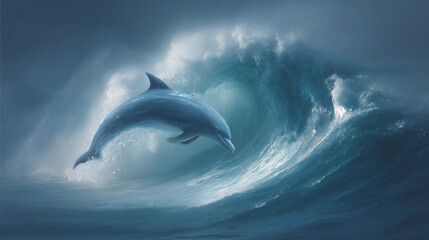 Fototapeta premium A crashing wave forming the shape of a leaping dolphin mid-air