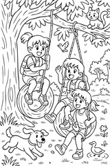 Coloring page of happy kids playing on tire swings tied to a big tree, with a cat, dog, bird and duck nearby. Joyful outdoor scene full of laughter, perfect for children’s creativity.
