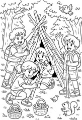 Coloring page of kids building a wooden tent in forest, surrounded by baskets of berries, a bird and a squirrel. Fun camping scene that sparks outdoor adventure and teamwork.
