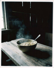 Steaming bowl of hot soup on rustic wooden table by a window, moody film-style photo