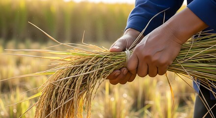 Golden Rice Harvest Hands Tying Sheaves in a Sunlit Paddy Field
