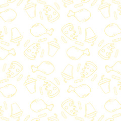 Seamless vector pattern featuring outline fast food items like fried chicken, pizza, milkshakes, and french fries, perfect for restaurant branding and food-related designs
