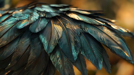 Fototapeta premium Close-up of iridescent, teal-gold bird wing feathers, sunlit, soft focus